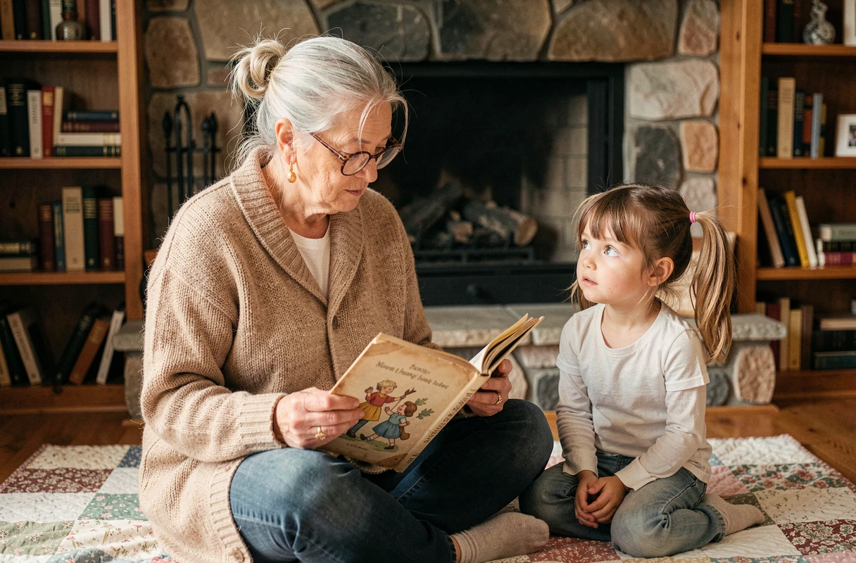 Grand-mère lisant les paroles d'une comptine traditionnelle à sa petite-fille dans un salon chaleureux