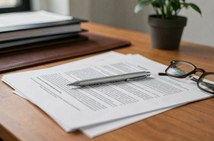 Gros plan d'un contrat A500 imprimé avec un stylo et des lunettes posés sur un bureau en bois