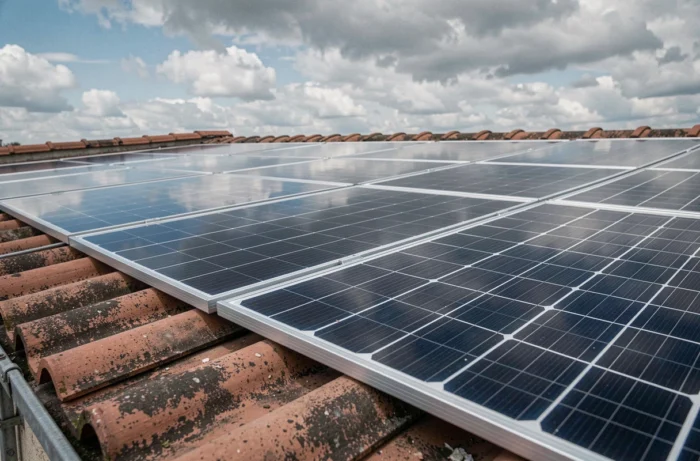 Close em painéis solares monocristalinos instalados no telhado de uma casa residencial