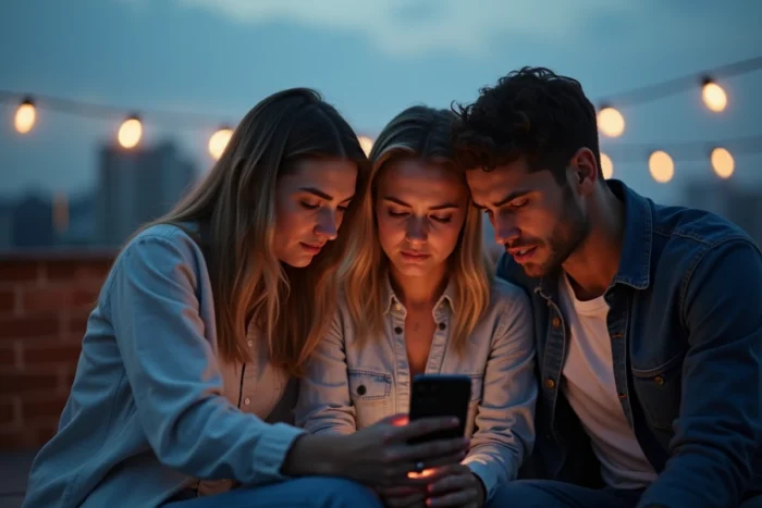 Groupe d'amis déçus lisant l'annulation d'une série sur leur smartphone en terrasse