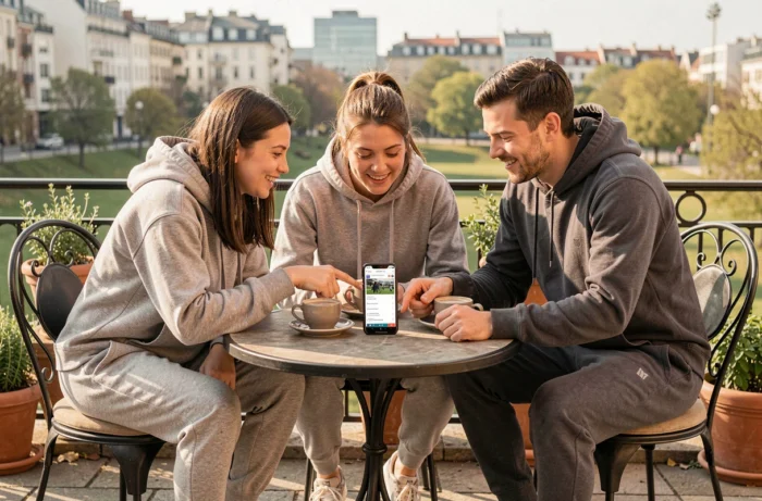Groupe d'amis sportifs consultant le plan d'un site sport sur smartphone en terrasse urbaine