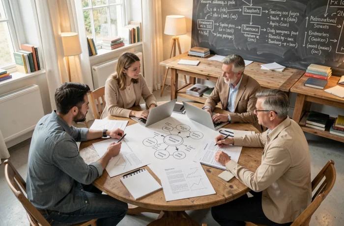 Groupe de professionnels en atelier de formation business innovante collaborant autour d'une table de travail