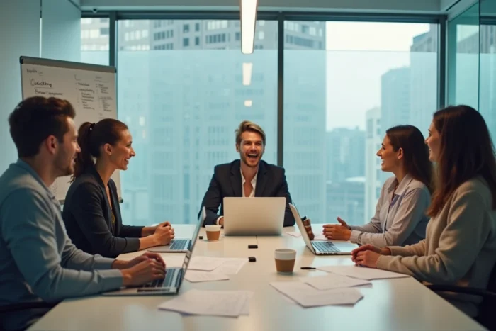 Groupe de professionnels discutant de stratégies de carrière et d'offres d'emploi en ligne lors d'une réunion collaborative