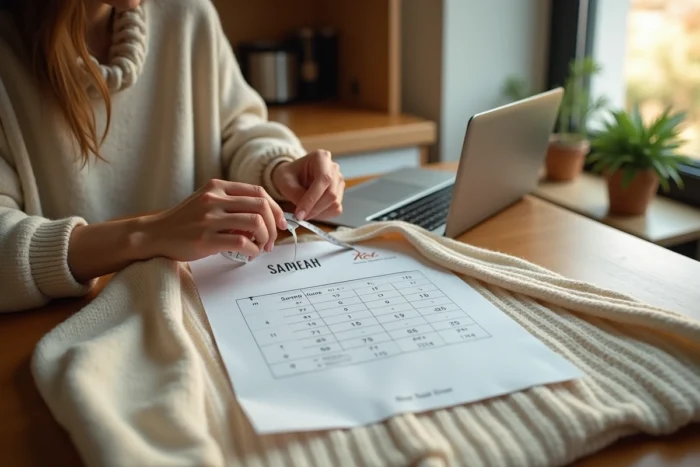 Femme consultant un guide des tailles pour choisir un pull taille M à la maison