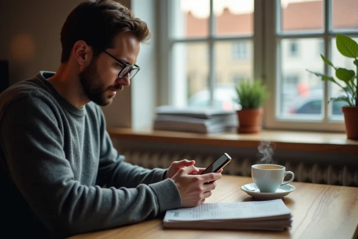 Homme consultant une application d'événements locaux sur son smartphone depuis chez lui
