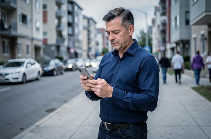 Homem usando um aplicativo imobiliário em smartphone em uma rua urbana