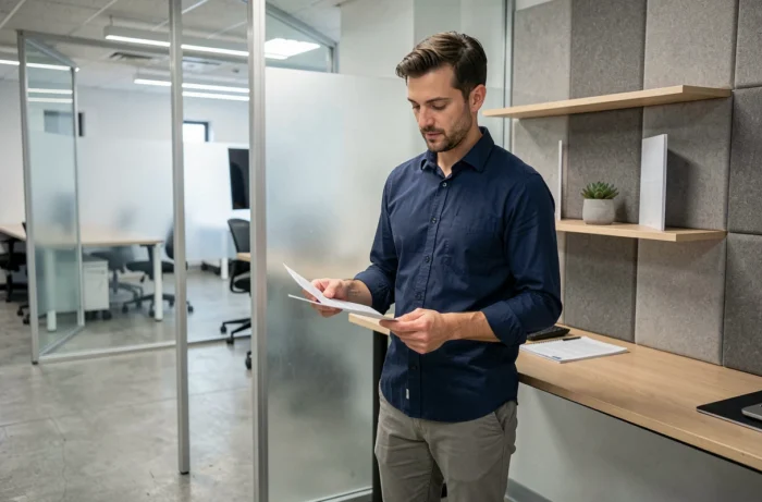 Mann steht an einem Stehpult in einer privaten Kabine eines Coworking-Space und konzentriert sich auf seine Unterlagen und seinen Bildschirm