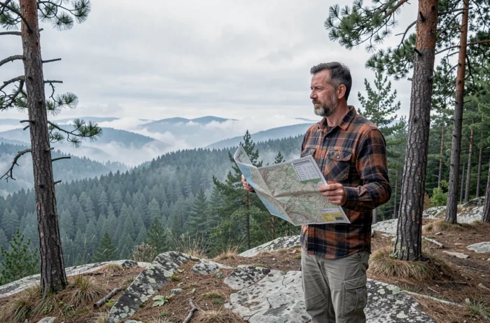 Homme consultant une carte topographique au bord d'un terrain boisé pour trouver un terrain en autonomie
