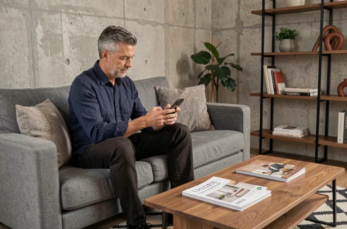 Homme utilisant son smartphone pour contacter le service client d'un site de décoration intérieure