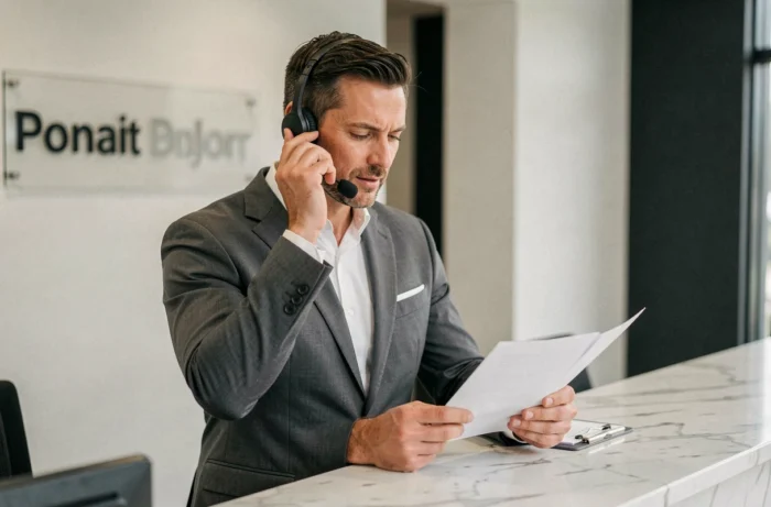 Homem em terno ao telefone em uma recepção de empresa expressando sua disponibilidade profissional