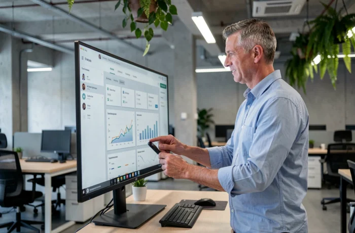 Homme professionnel debout devant un écran affichant une interface web simplifiée dans un espace de coworking moderne