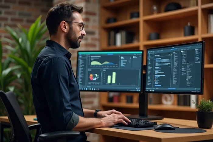 Homme travaillant sur un double écran avec des outils bureautiques ergonomiques dans un bureau à domicile bien organisé
