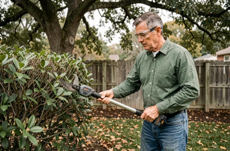 Homme utilisant une élagueuse à batterie pour tailler une haie dans un jardin suburban, équipé de lunettes de protection