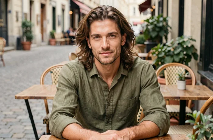 Homme aux extensions de cheveux ondulés assis en terrasse de café dans un cadre urbain