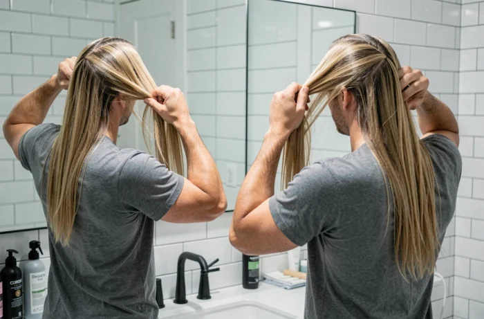 Homme examinant ses extensions de cheveux à ruban dans un miroir de salle de bain moderne