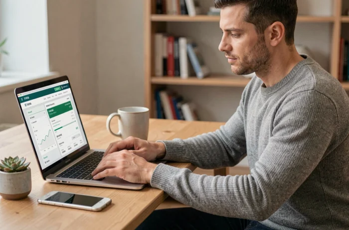 Un homme gérant ses finances personnelles en ligne depuis son bureau à domicile avec un ordinateur portable et un smartphone