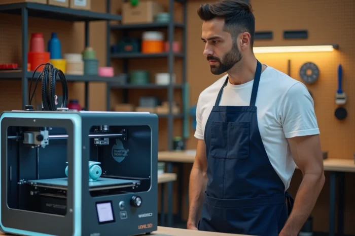 Homme observant une imprimante 3D professionnelle en fonctionnement dans un atelier de fabrication