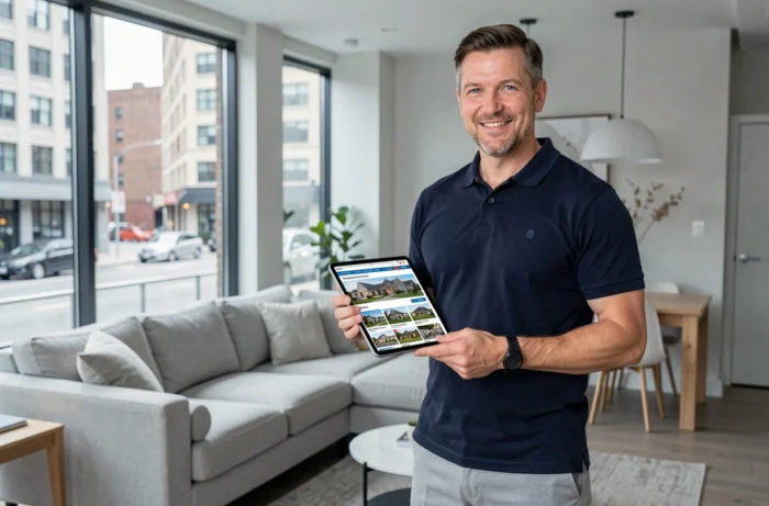 Homme consultant les informations immobilières sur une tablette dans un salon moderne