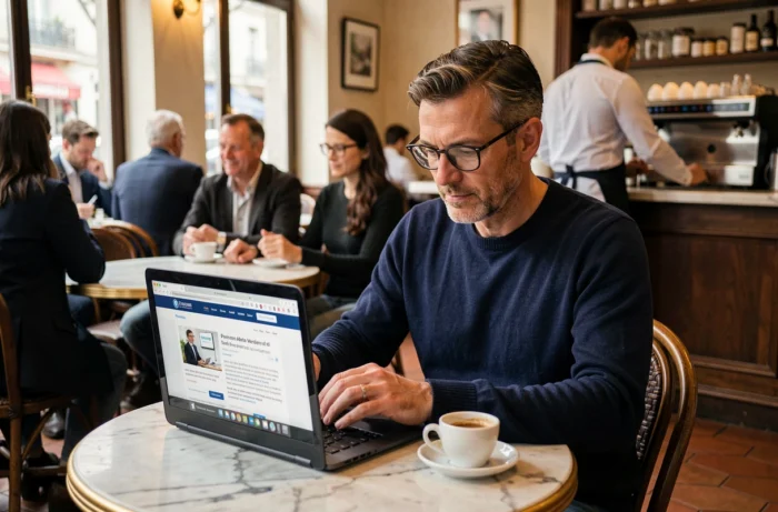 Homme en pull bleu marine lisant des conseils financiers sur un site web dans un café parisien avec un expresso