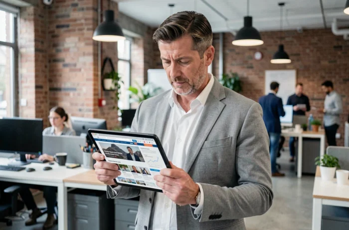 Uomo che legge le novità del sito Equivok su un tablet in uno spazio di coworking