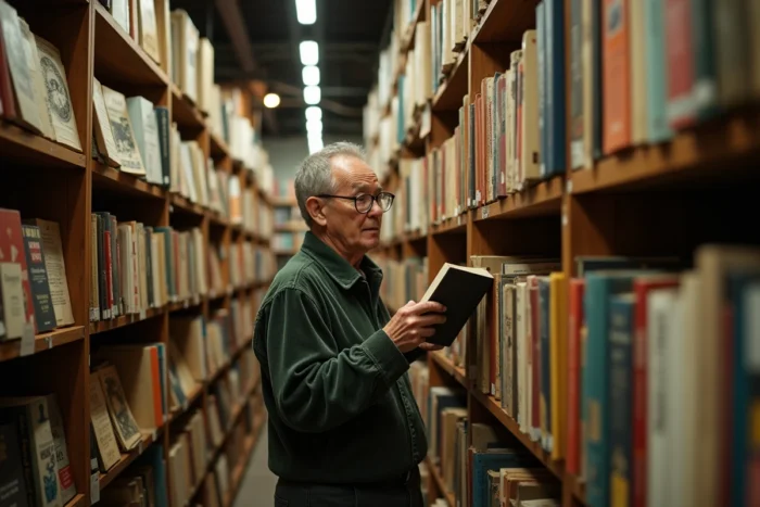 Homme parcourant les rayons d'une librairie de livres anciens à la recherche d'un roman vintage