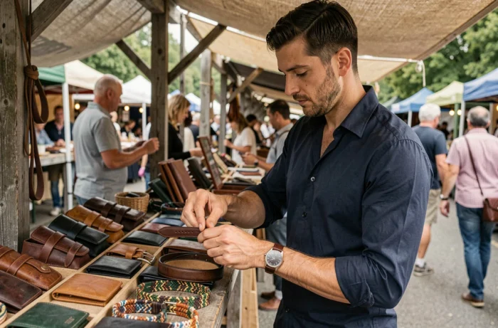 Homme examinant une montre en cuir artisanale sur un marché d'accessoires en plein air avec ceintures et bracelets exposés