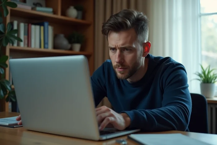Homme lisant une mauvaise nouvelle sur son ordinateur portable concernant l'annulation d'une série télévisée