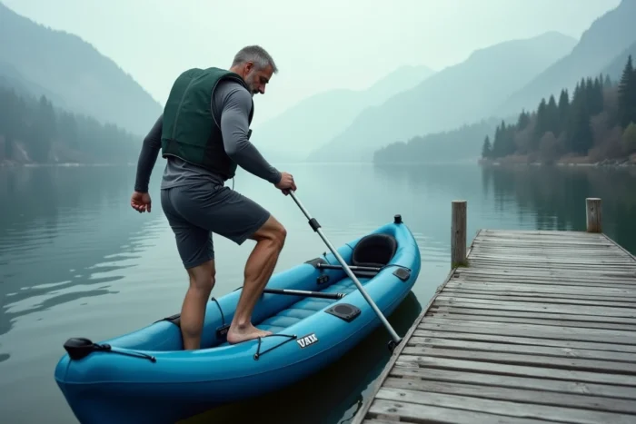 Homme en gilet de sauvetage montant prudemment dans un kayak gonflable bleu depuis un ponton en bois au bord d'un lac de montagne