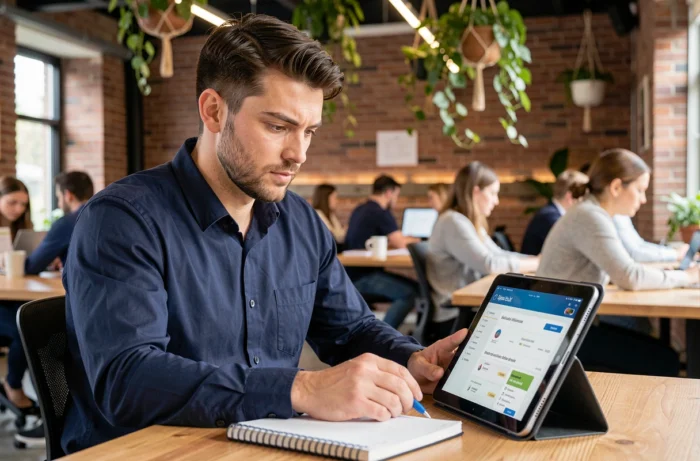 Homme consultant des offres d'emploi sur une tablette dans un espace de coworking moderne
