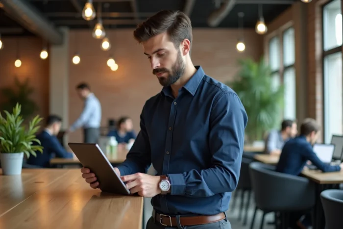 Jeune professionnel masculin consultant des offres d'emploi sur tablette dans un espace de coworking moderne
