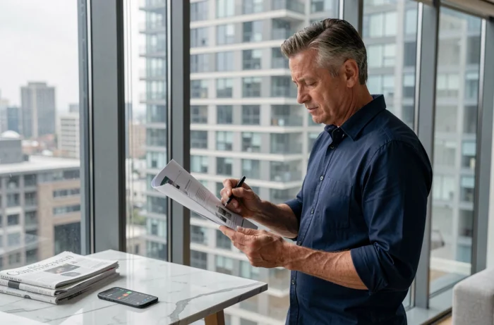 Homme analysant un portefeuille d'investissement en bourse près d'une fenêtre avec vue sur la ville dans un appartement moderne