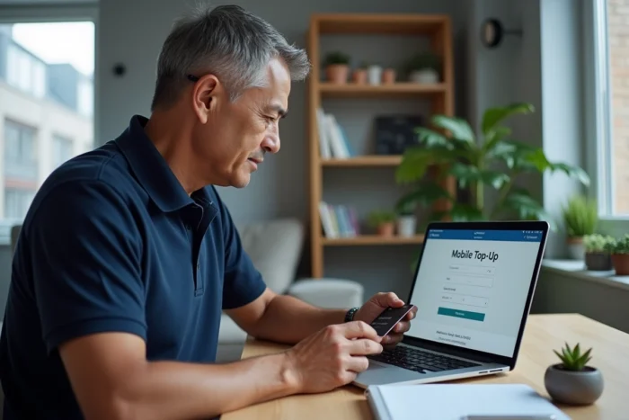 Homme utilisant un ordinateur portable pour recharger son forfait Réglo Mobile avec une carte bancaire à domicile