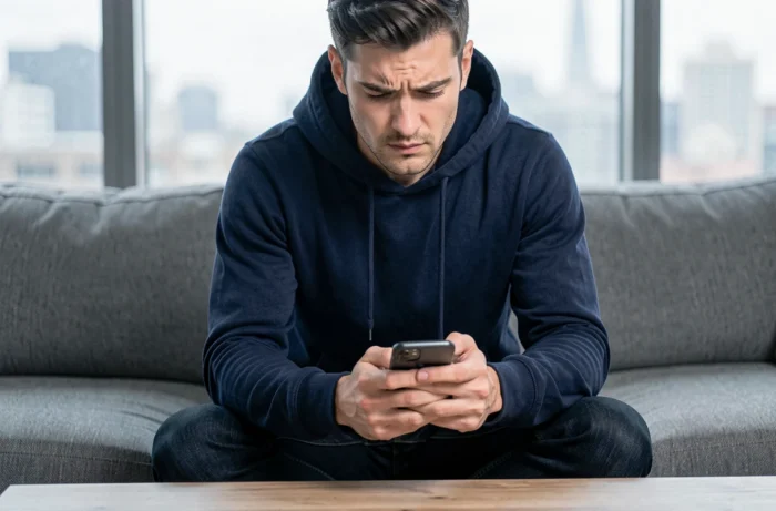 Jeune homme consultant son smartphone pour trouver un site alternatif en cas d'indisponibilité