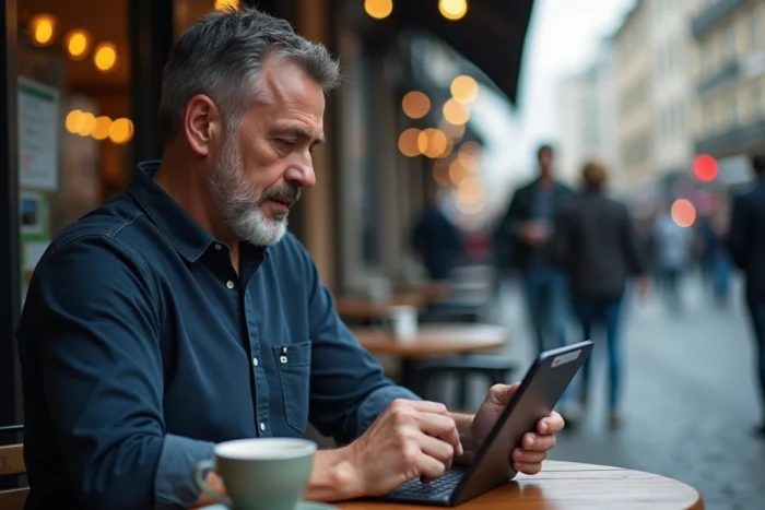 Homme adulte consultant un site internet sécurisé sur tablette dans un café public urbain