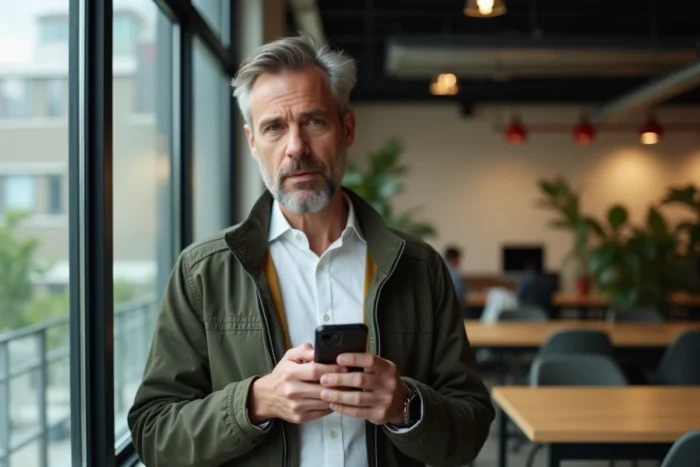 Homme consultant son smartphone après l'annonce du changement de nom de Zakmav
