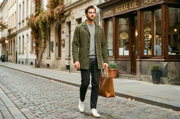 Uomo elegante in cappotto chore coat oliva che cammina su un pavé urbano europeo, look di abbigliamento maschile curato per il quotidiano