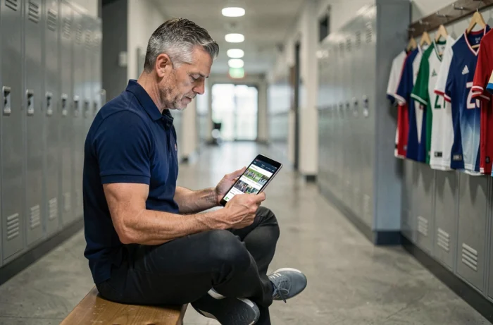 Homme consultant un site sportif sur tablette dans le couloir d'une salle de sport moderne