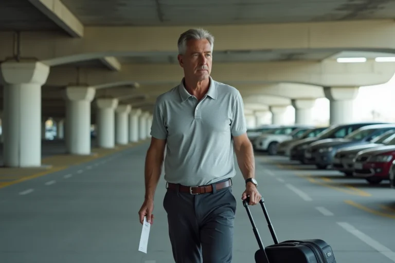 Homme tenant un ticket de parking à l'aéroport d'Orly avec une valise, cherchant à réduire le coût de son stationnement