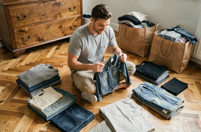 Man sorting quality second-hand clothes laid on a wooden floor at home, holding a denim jacket