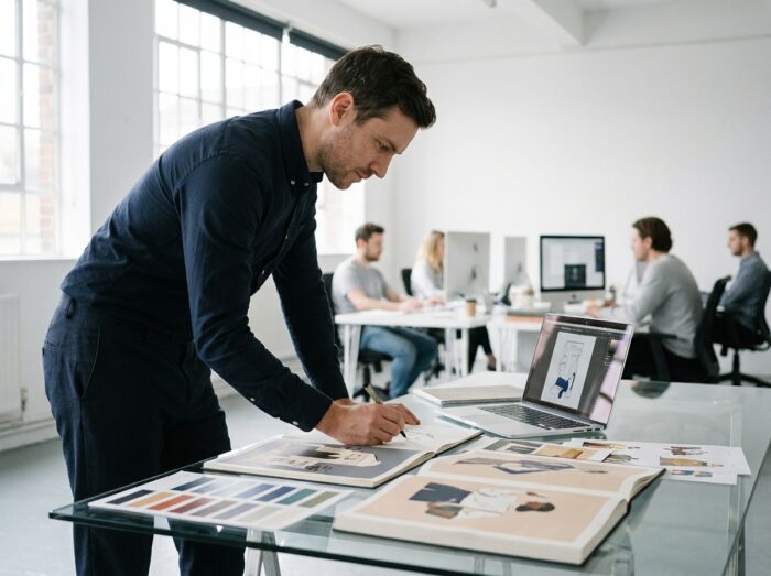Illustrateur professionnel examinant un portfolio d'illustrations dans un bureau de studio de design moderne