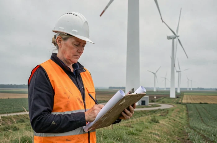 Ingénieure en gilet orange inspectant une éolienne dans un paysage rural du nord de la France, illustrant la transition énergétique