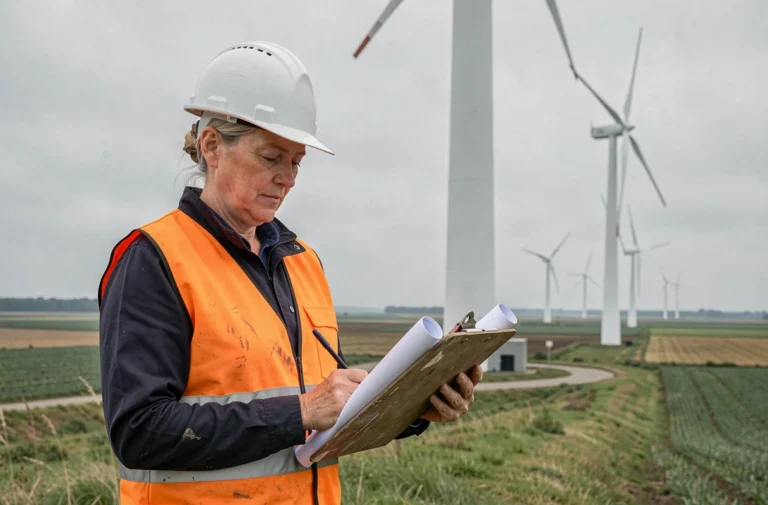 Ingénieure en gilet orange inspectant une éolienne dans un paysage rural du nord de la France, illustrant la transition énergétique