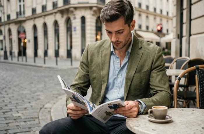 Homme élégamment habillé en veste de lin lisant un magazine de mode en terrasse de café dans une ville européenne