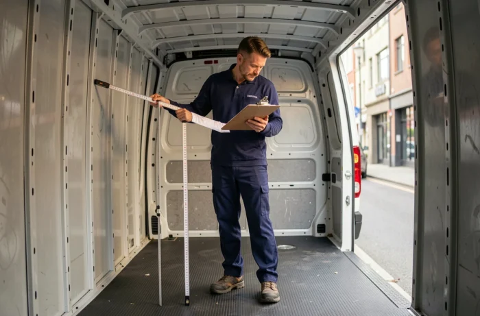 Technicien logistique mesurant la hauteur intérieure d'un fourgon H2 à toit intermédiaire avec une règle pliante