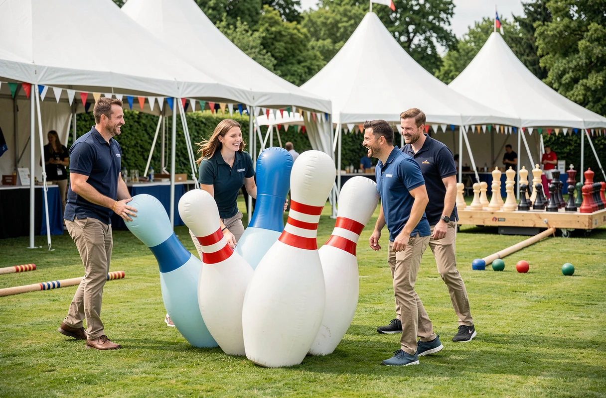 Employés participant à un jeu de bowling géant gonflable lors d'un événement team-building en extérieur