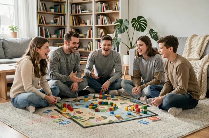Famille jouant ensemble à un jeu de société coloré sur le sol du salon dans une ambiance conviviale et détendue