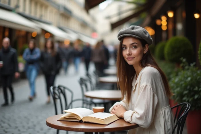Jeune femme lisant un roman littéraire en terrasse de café dans une rue parisienne pittoresque