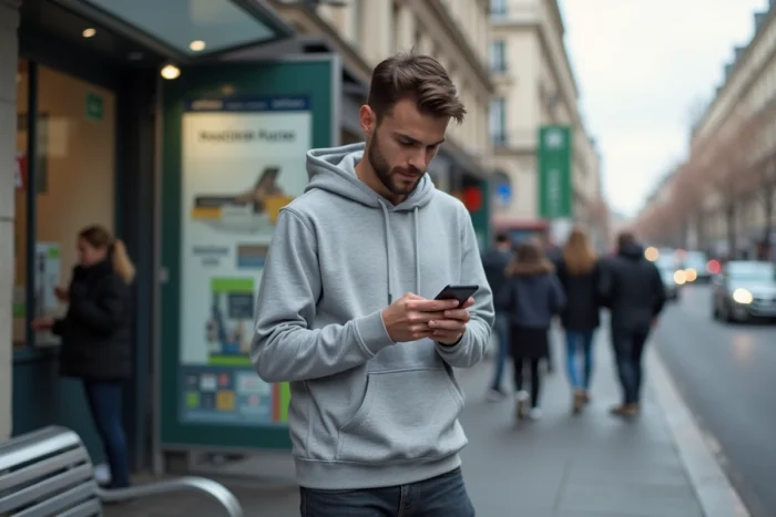Jeune homme rechargeant son mobile Réglo en ligne depuis la rue avec son téléphone portable à Paris
