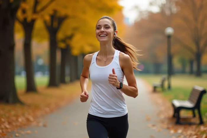Femme faisant du jogging dans un parc urbain en automne pour prendre soin de sa santé physique au quotidien