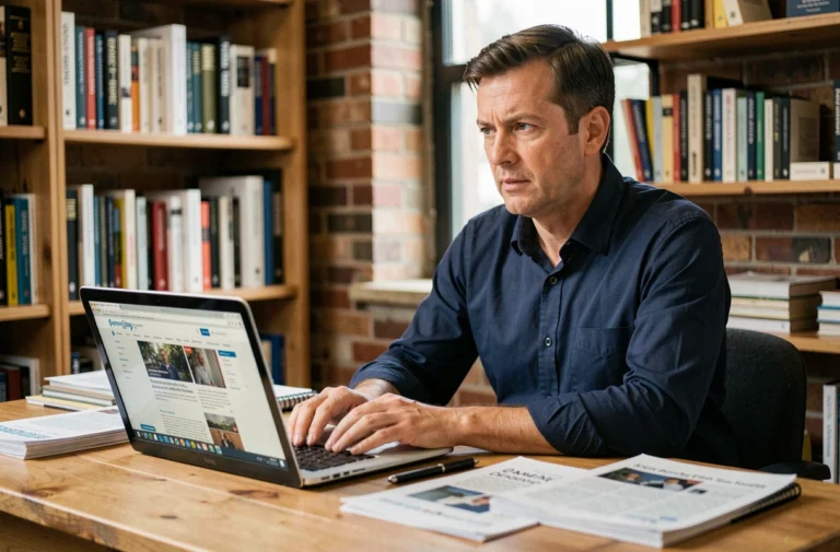Journaliste indépendant travaillant dans une rédaction authentique avec des notes et un ordinateur portable